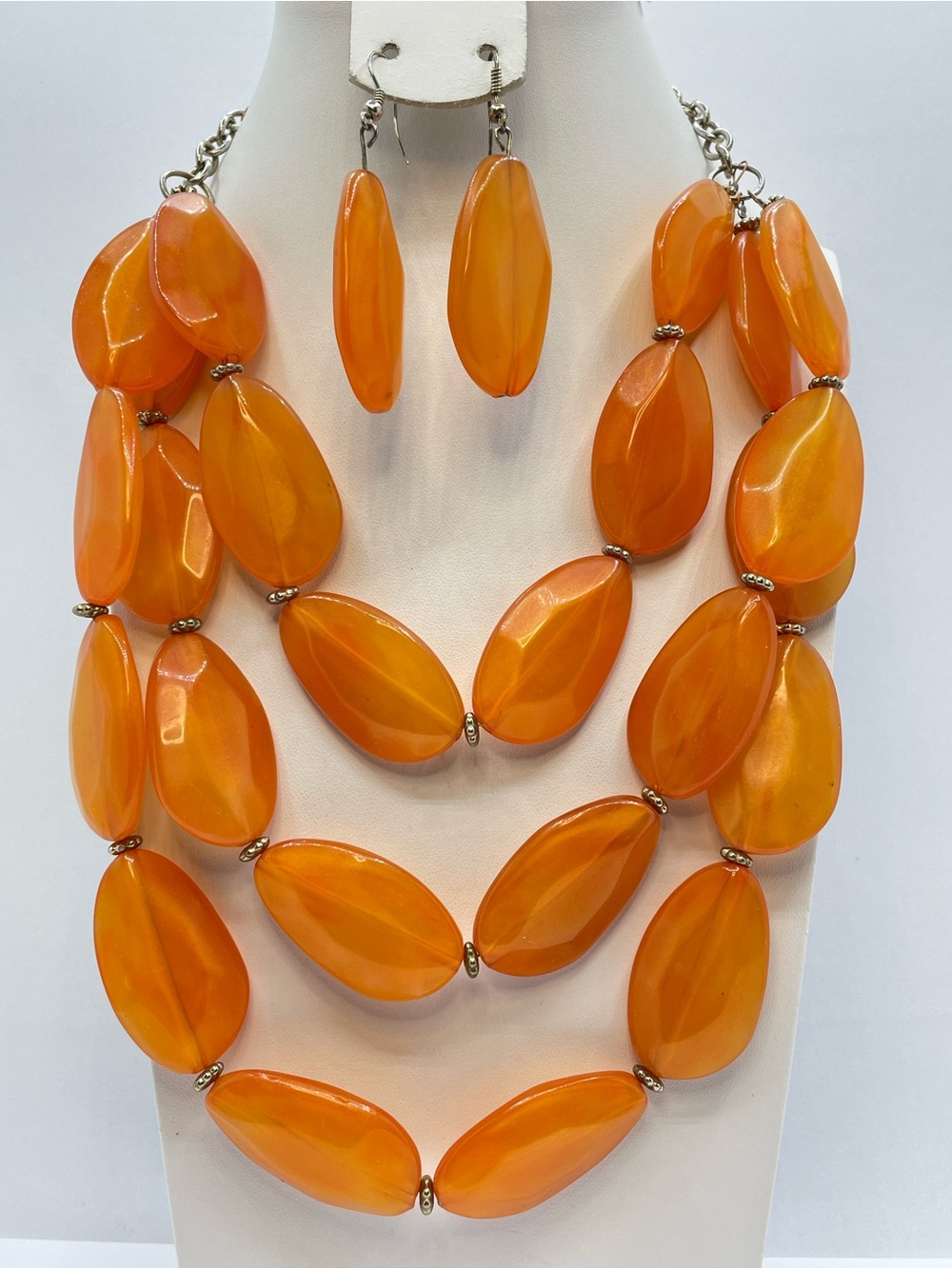 Vintage Orange Lucite Layered Necklace Earring Set Statement Bold